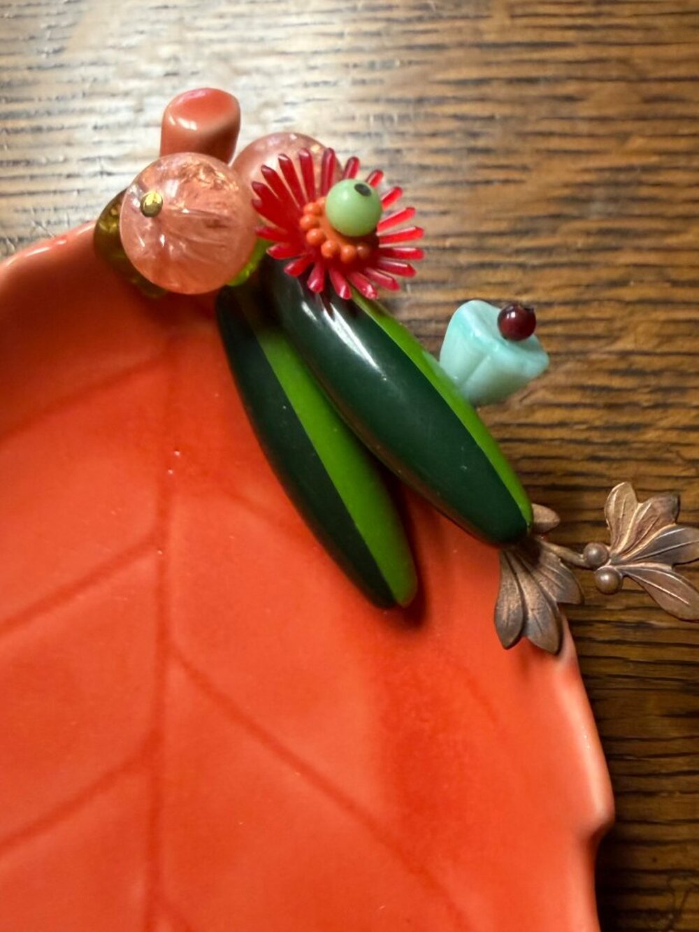 Artisan Coral Ceramic Leaf Dish with Jeweled Floral Embellishments - Picture 3 of 5
